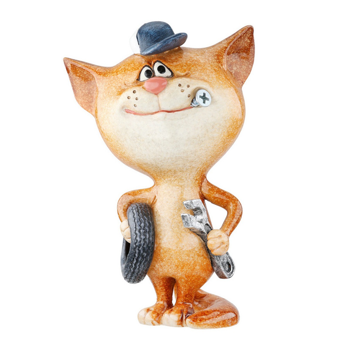 Dekorační figurky zvířat - Kočka polyresinový MECHANIK s pneumatikou 12,5cm