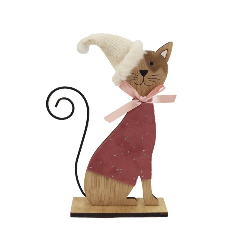 Figurky zvířátek - Kočka s čepicí na podstavci dřevěná 22cm
