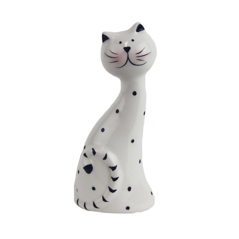 Dekorační figurky zvířat - Kočka sedící keramická s puntíky, černo-bílá 15cm