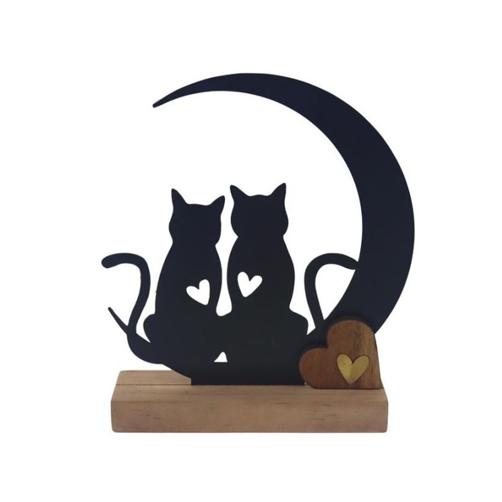 Kovové dekorace - Kočky sedící u měsíce se srdíčky kovové na dřevěném podstavci 16,5cm