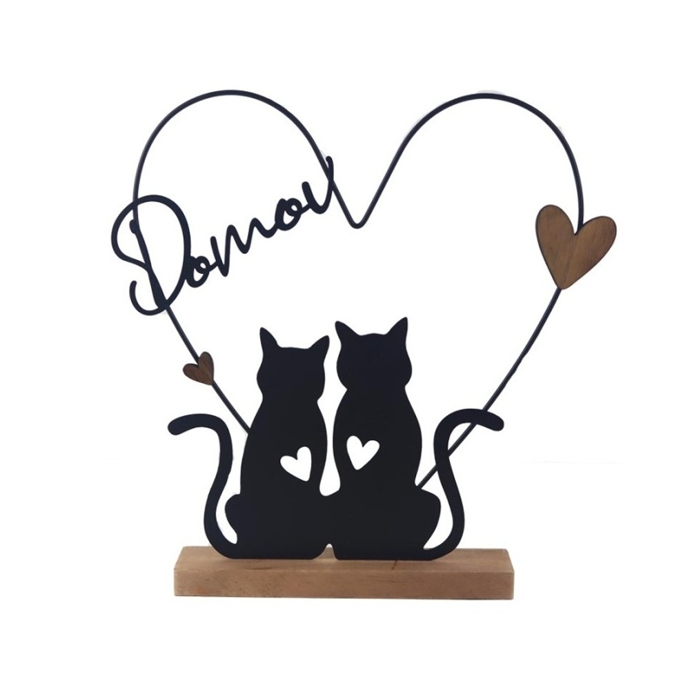 Kovové dekorace - Kočky sedící v srdci DOMOV kovové na dřevěném podstavci 26,5cm