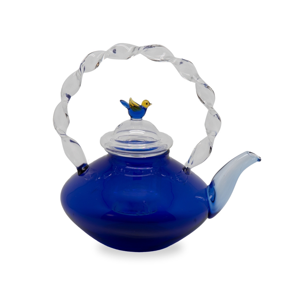 Čajové konvice - Konvice čajová skleněná se sítkem a ptáčkem modrá 660ml