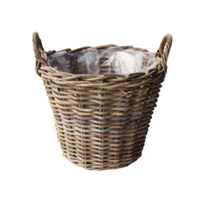 Koše - Koš kónický umělý ratan s 2 uchy a igelitem šedý 40cm