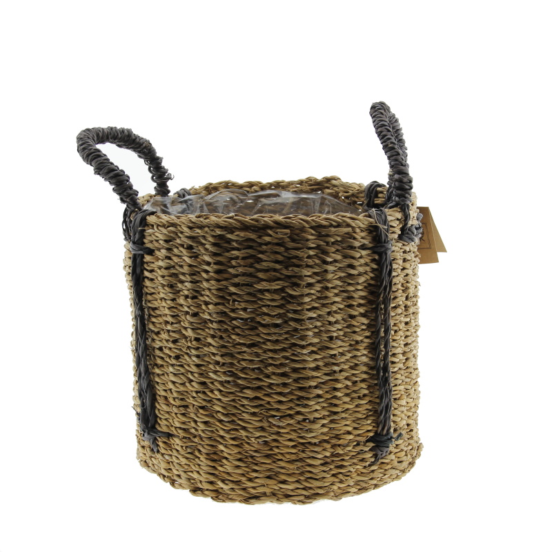 Proutěné a dřevěné obaly - Koš kulatý mořská tráva s 2 uchy a igelitovou vložkou přírodní 36cm