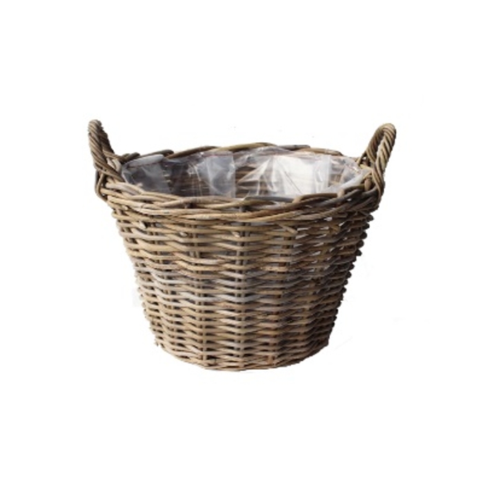 Koše - Koš kulatý ratanový s 2 uchy a igelitovou vložkou šedý 30cm