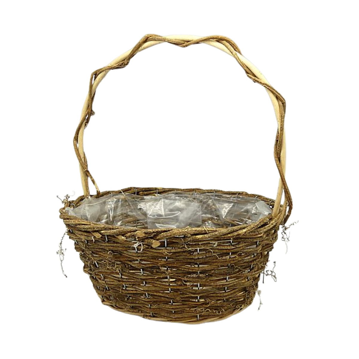 Koše - Koš oválný proutěný s 1 uchem a igelitem hnědý 28x22x48cm