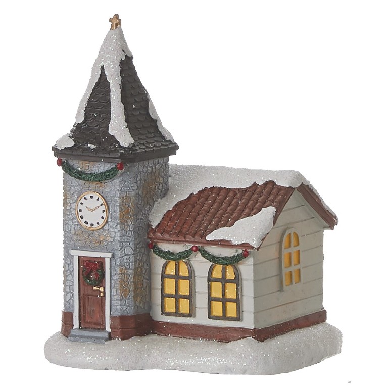 Interiérové svíticí dekorace - Kostel svítící polyresinový na baterie 14cm