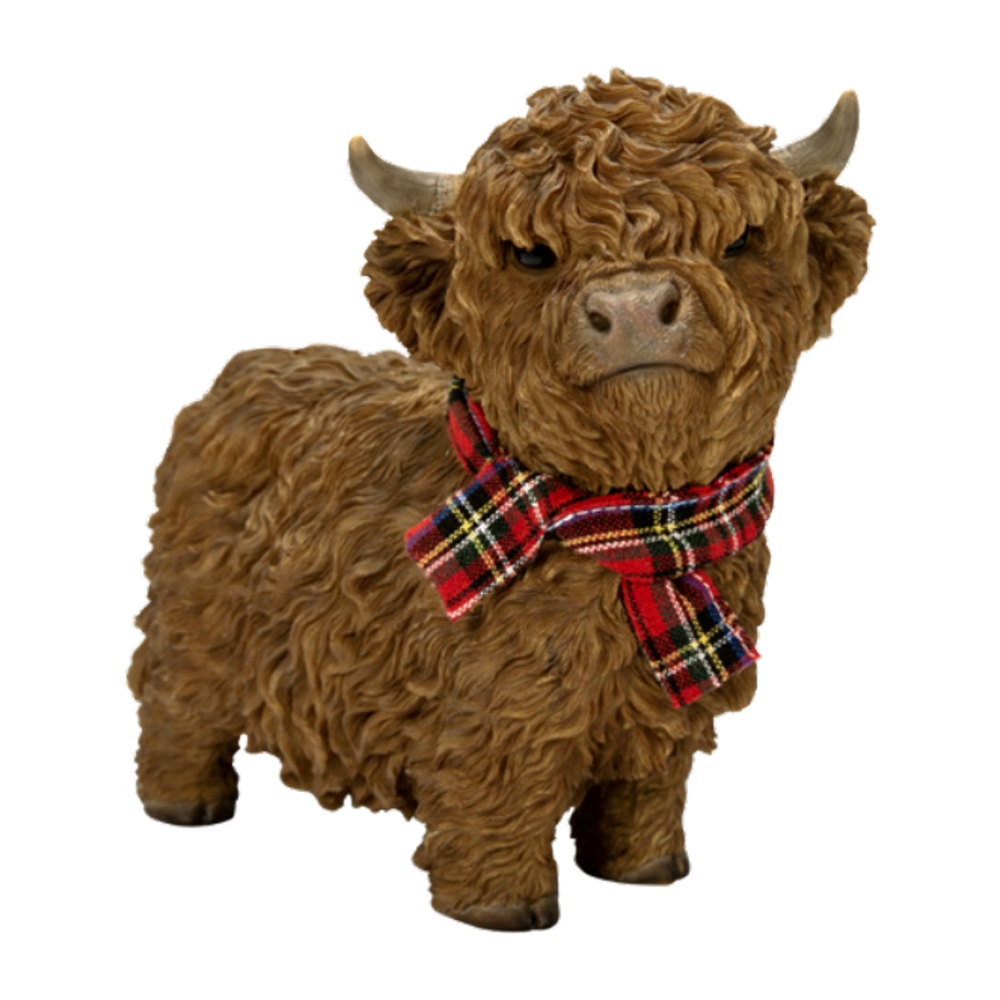Venkovní zvířátka - Kráva Highland Cattle se šálou polyresinová 17cm