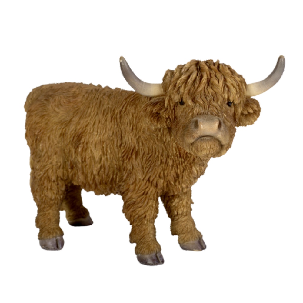 Venkovní zvířátka - Kráva Highland Cattle stojící polyresinová 19cm