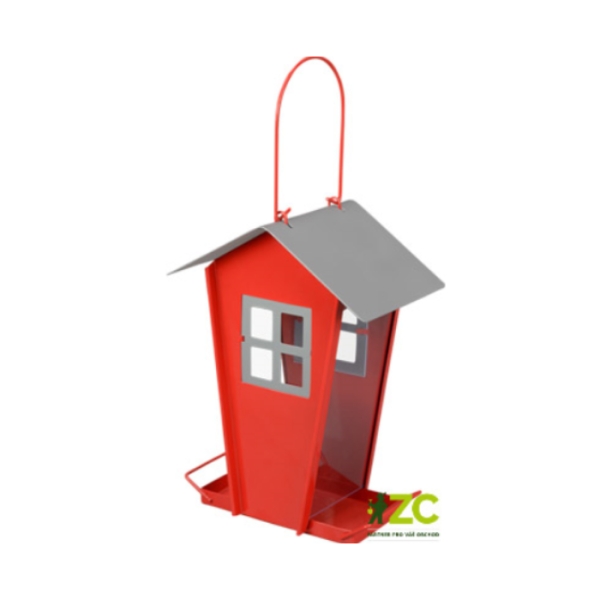 Krmítka, budky, domečky - Krmítko závěsné domek plech červená 21cm