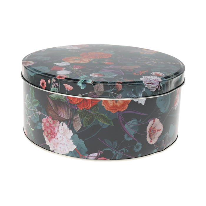 Krabice a dózy - Kulatá plechová dóza s dekorem květů nízká černá 16,5cm