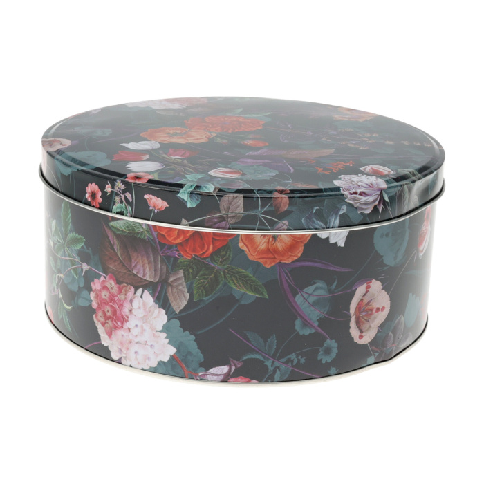 Krabice a dózy - Kulatá plechová dóza s dekorem květů nízká černá 20cm