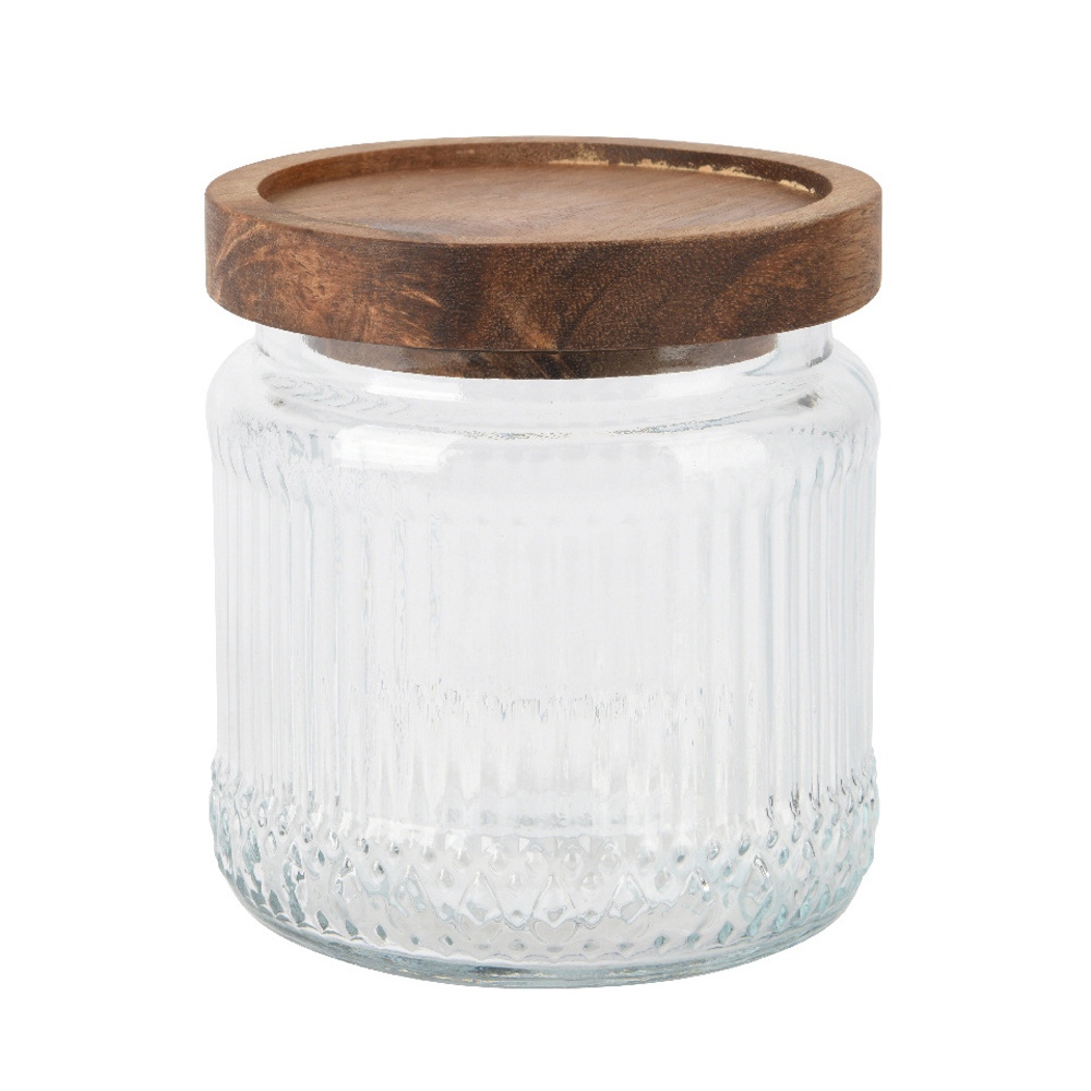 Kuchyňské dózy - Kulatá skleněná dóza s dřevěným víčkem 10,5cm