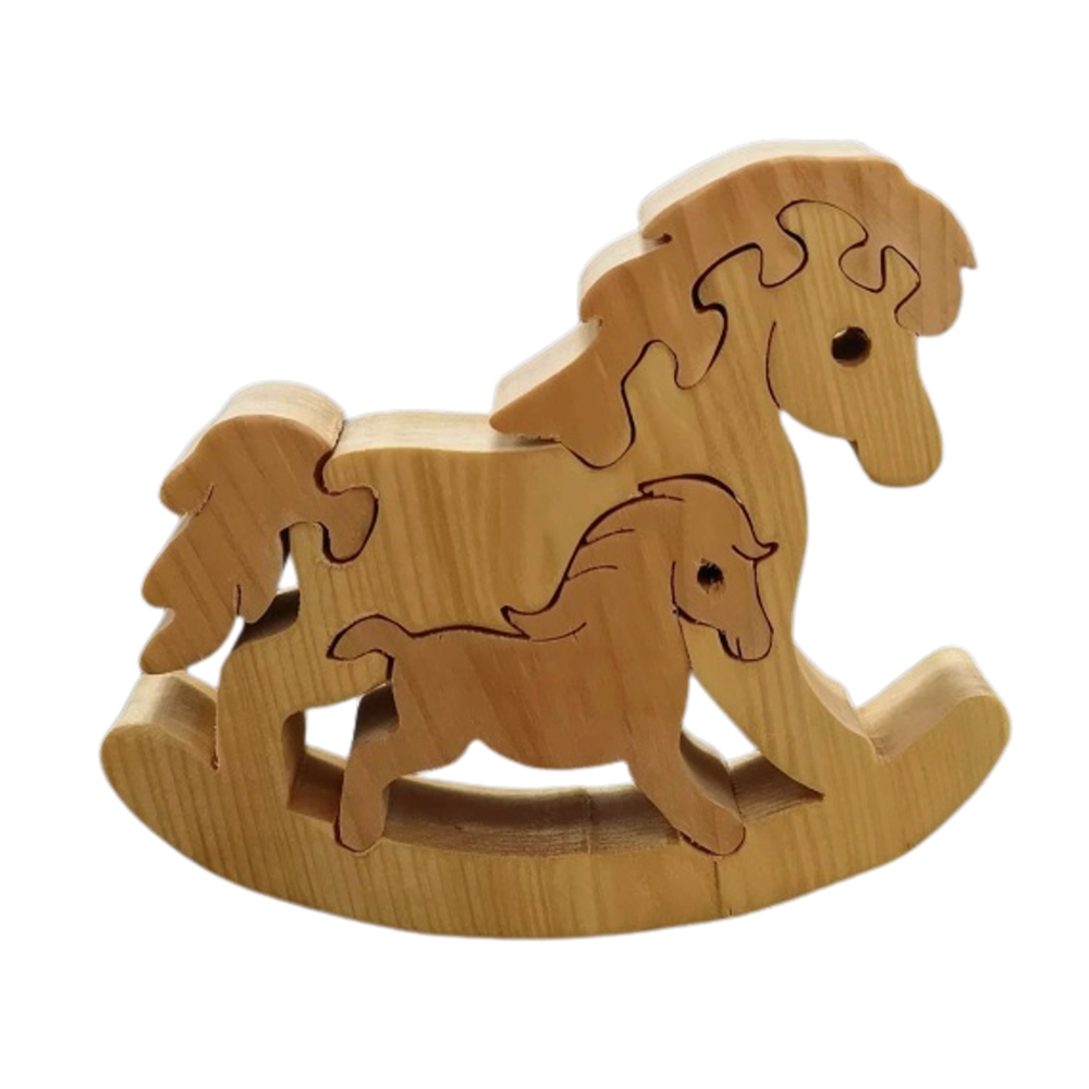 Dekorační figurky zvířat - Kůň houpací puzzle dřevo přírodní 13,5cm