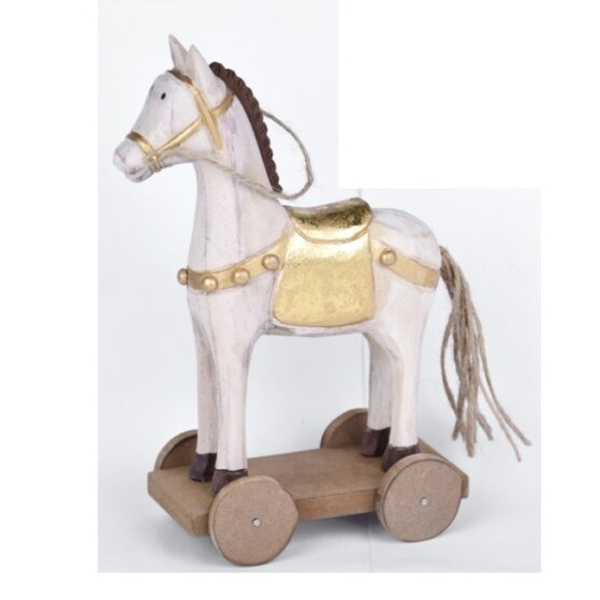 Figurky zvířátek - Kůň na kolečkách dřevěný bílo-zlatý 19cm