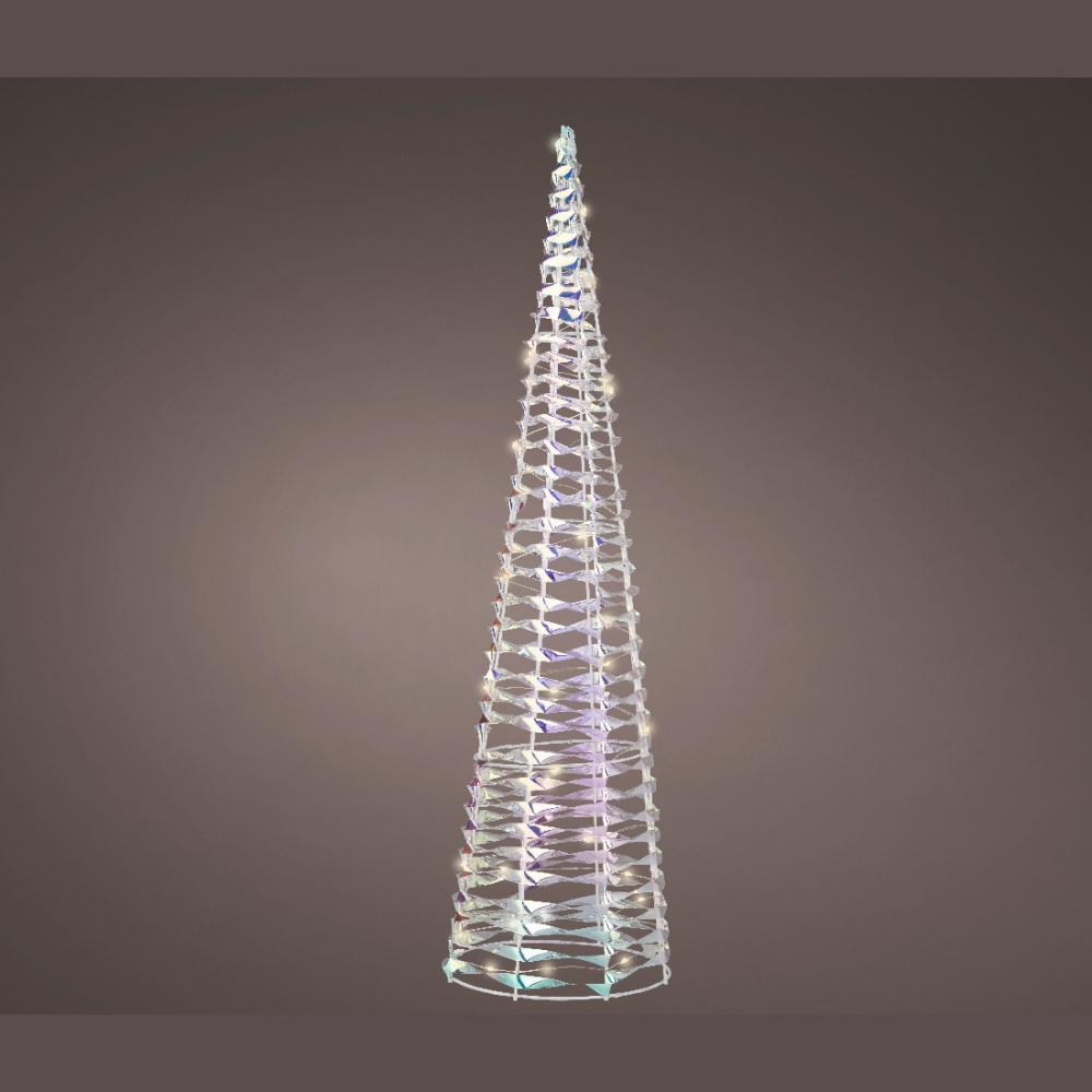 Interiérové svíticí dekorace - Kužel plastový se 30microLED, t.bílá s časovačem na baterie, duhový čirý 60cm