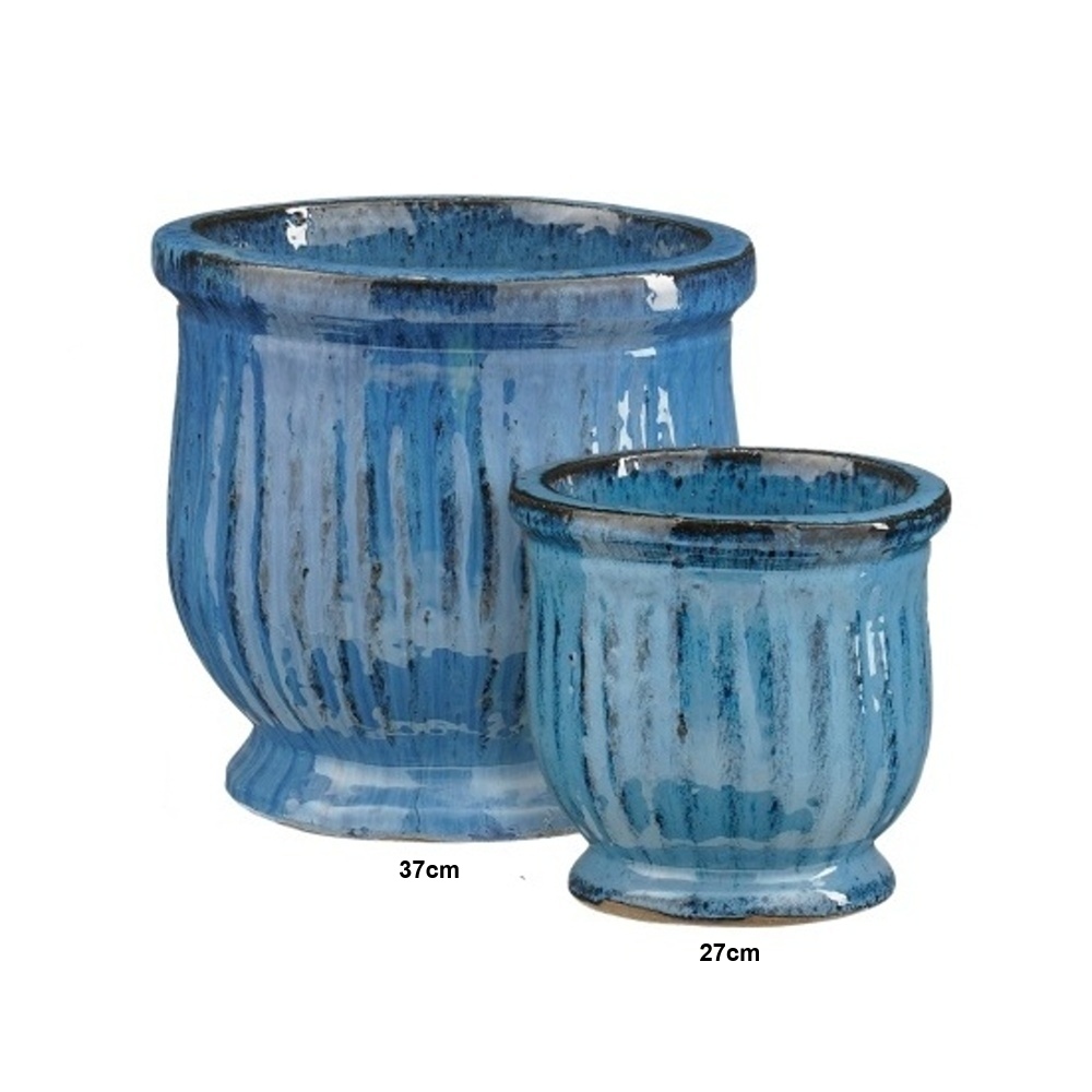 Keramické květináče - Květináč hliněný BAURU žebrovaný modrý 37cm