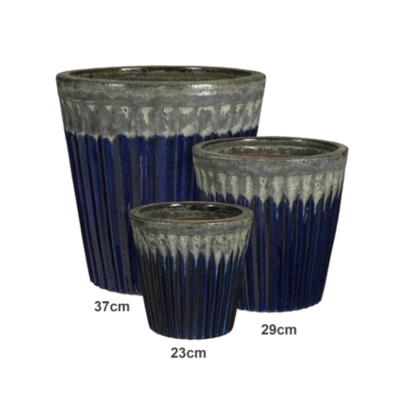 Keramické květináče - Květináč hliněný kulatý CULMA plisé modrý 37cm