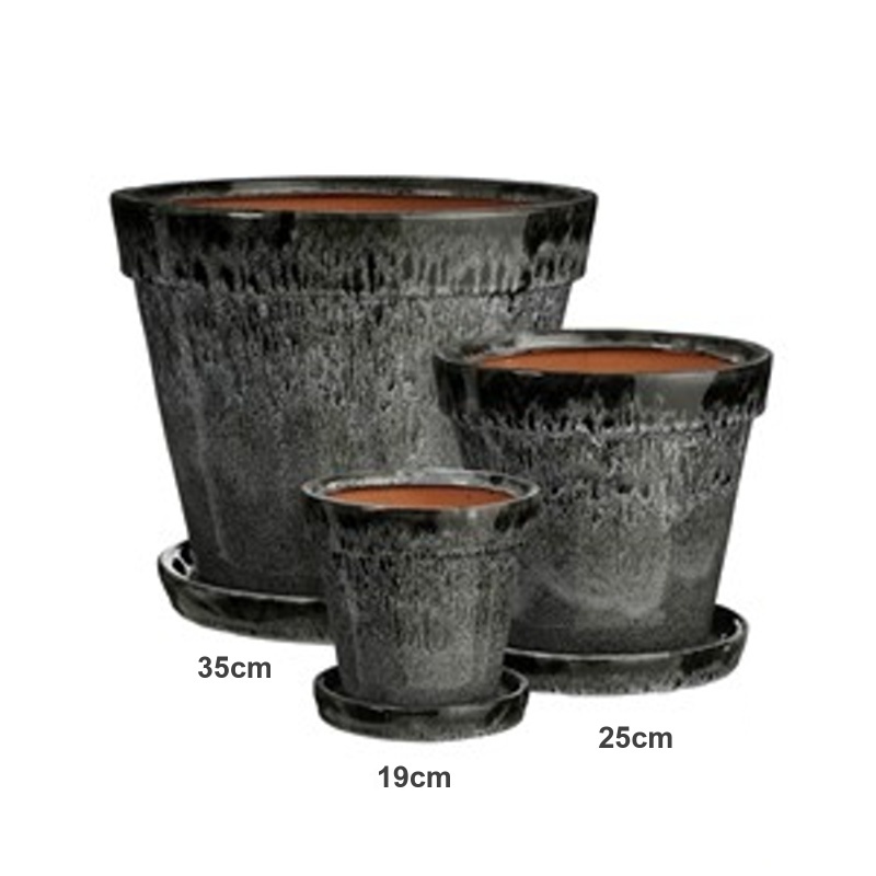 Keramické květináče - Květináč keramický LOTUS + podmiska černý 19cm