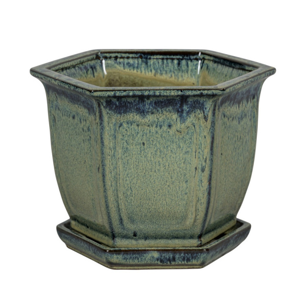 Keramické květináče - Květináč keramický  s podmiskou NARA 04DA glazovaný zelený 15cm