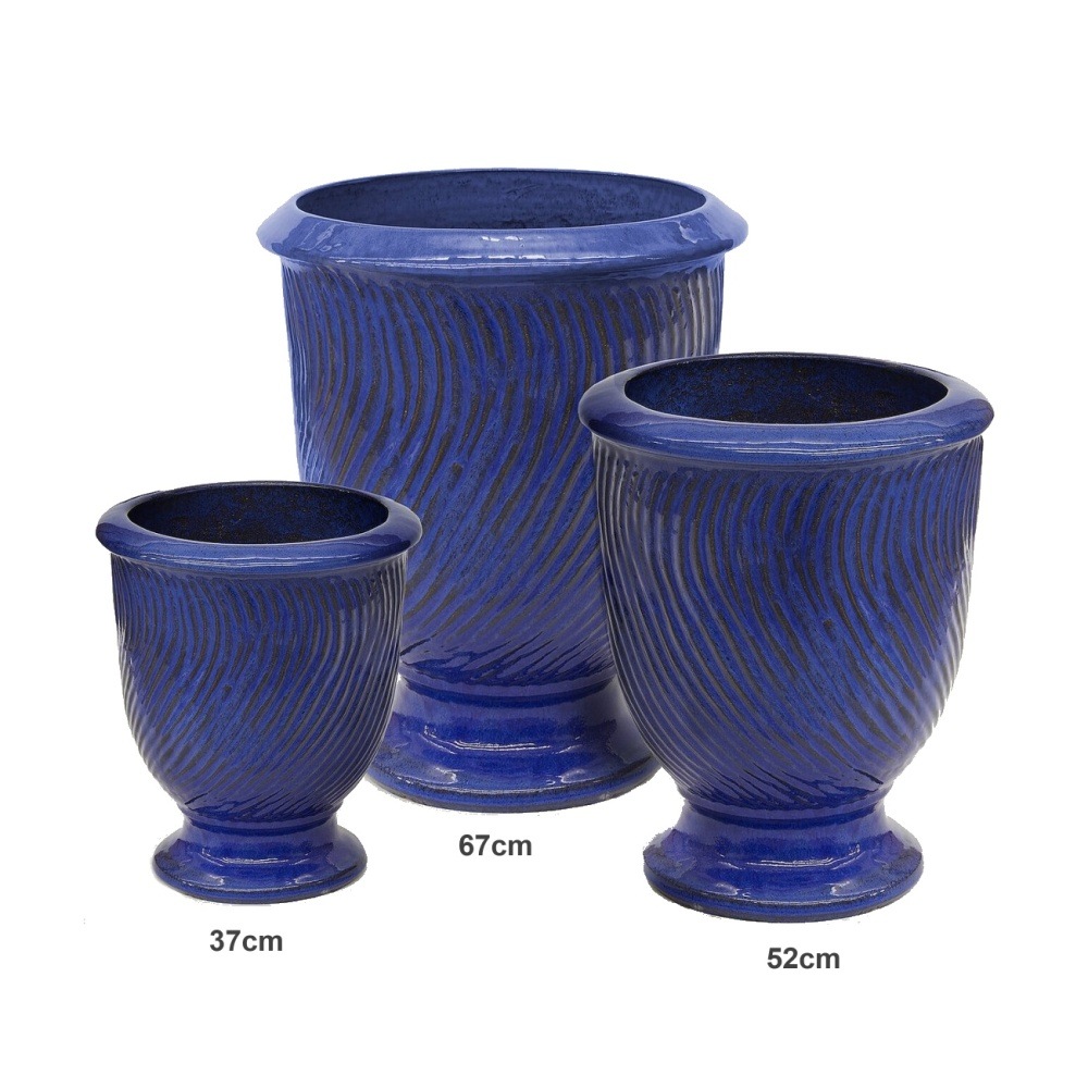 Keramické květináče - Květináč kulatý keramický na noze s vlnkami modrý 67cm
