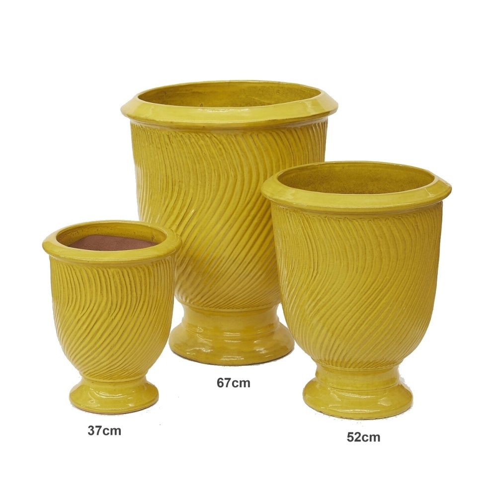 Keramické květináče - Květináč kulatý keramický na noze s vlnkami žlutý 37cm