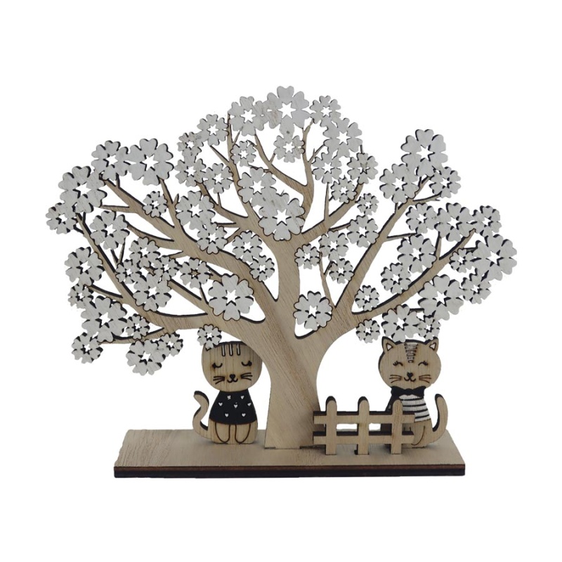 Dřevěné a proutěné dekorace - Kvetoucí dřevěný strom s kočkami bílo-přírodní 17,5cm