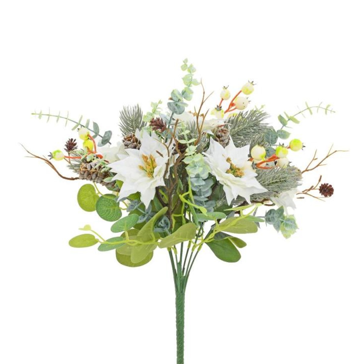 Vánoční umělé květiny - Kytice poinsettií, jehličí a eukalyptu 38cm