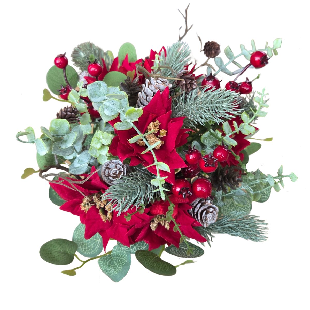 Vánoční umělé květiny - Kytice umělé jehličí/šišky/listy/poinsettia 38cm
