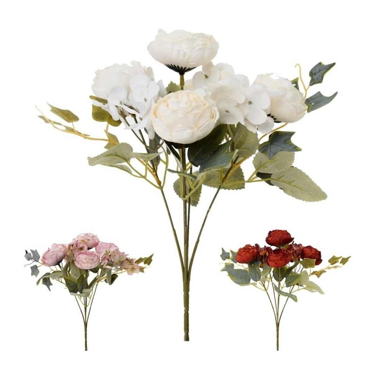 Letní umělé květiny - Kytice umělých pryskyřníků s hortenzií v trsu mix 28cm