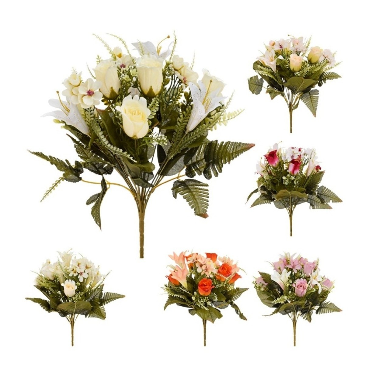 Letní umělé květiny - Kytice umělých růží a lilií v trsu mix 37cm