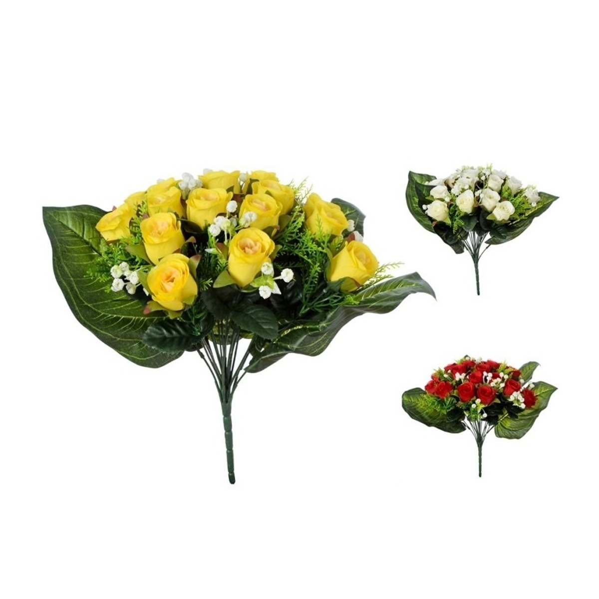 Letní umělé květiny - Kytice umělých růží v trsu mix 18ks/36cm