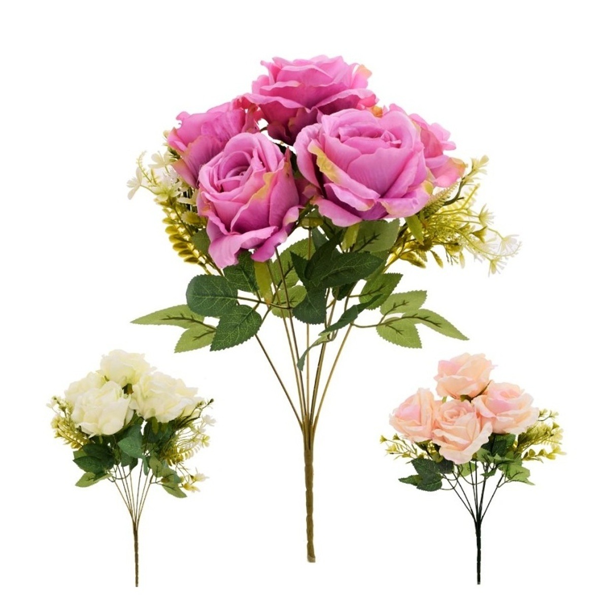 Letní umělé květiny - Kytice umělých růží v trsu mix 7ks/40cm