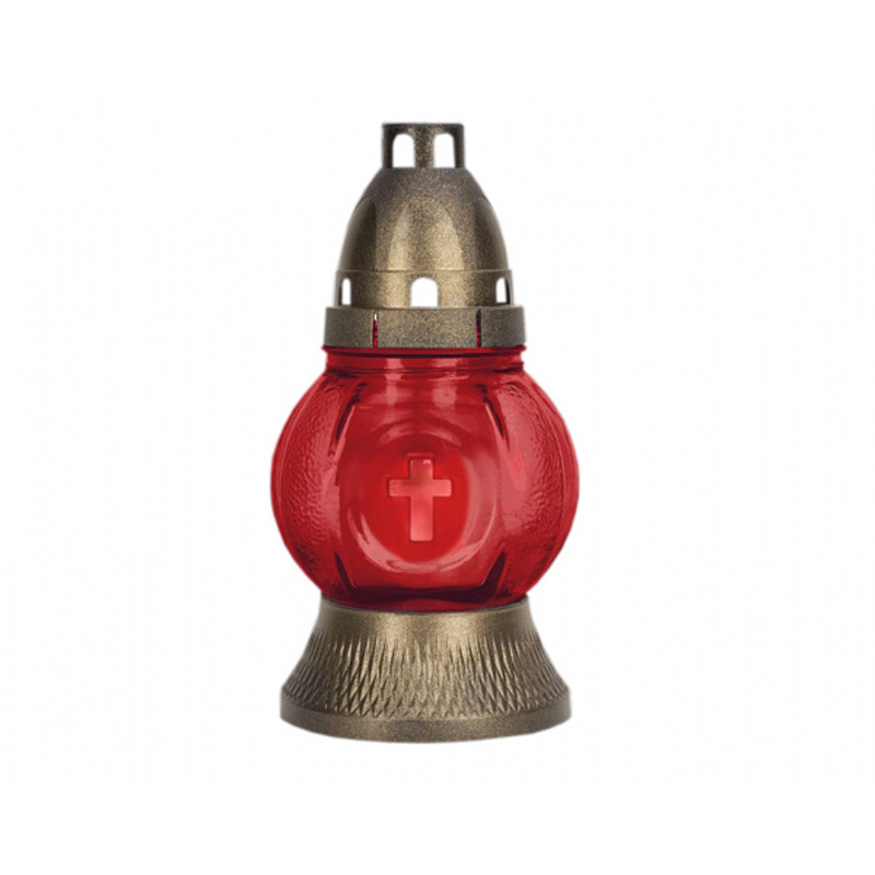 Hřbitovní svíčky - Lampa hřbitovní skleněná koule s křížkem červená 18cm