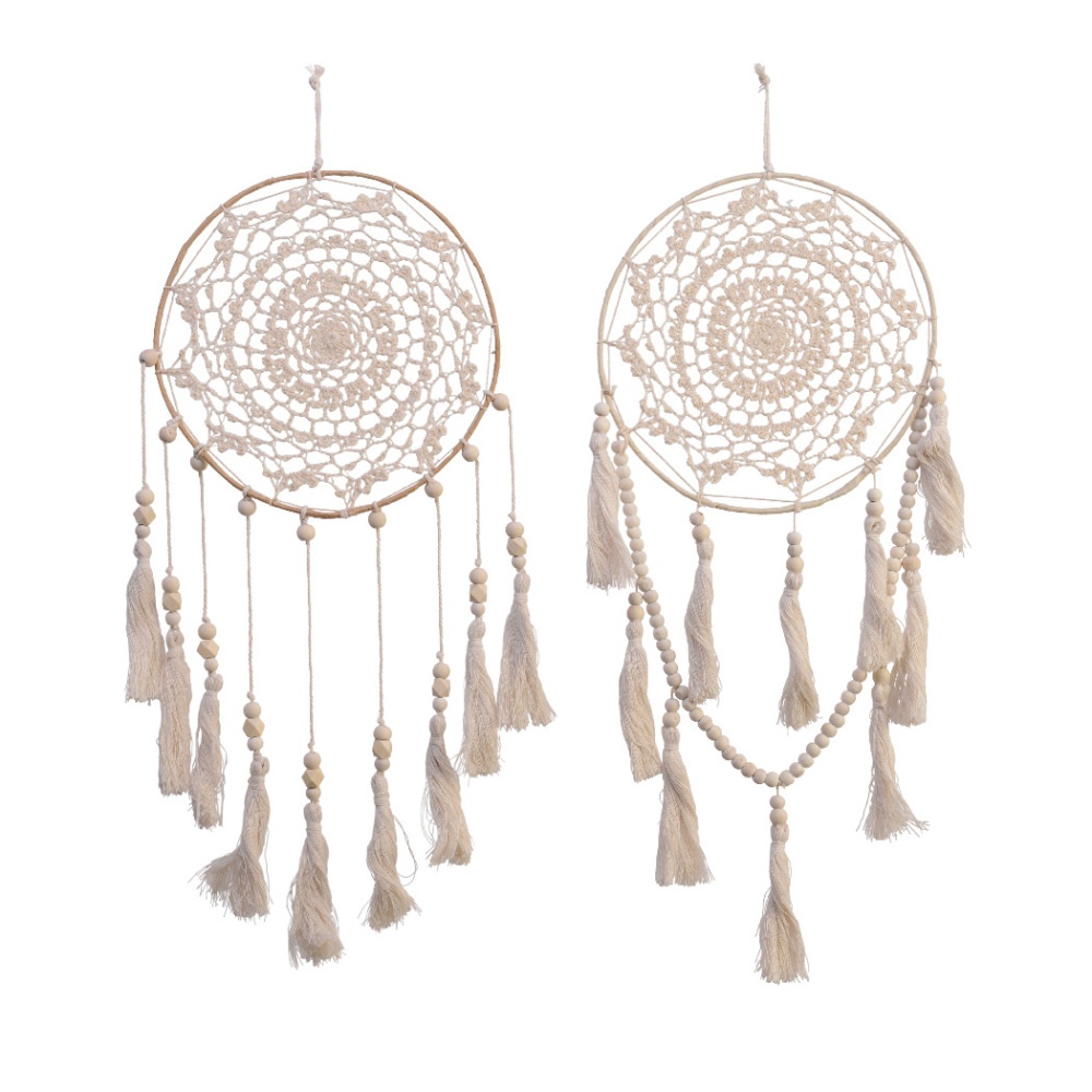 Drobné interiérové dekorace - Lapač snů z provázku/korálků přírodní mix 55cm