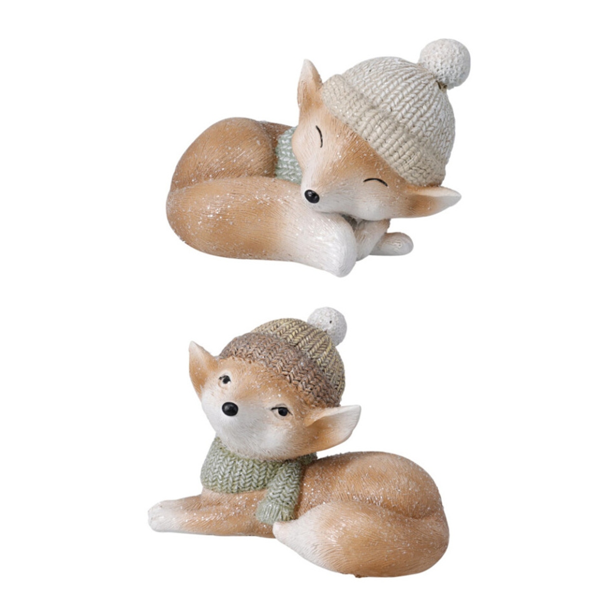 Figurky zvířátek - Liška ležící s šálou a čepicí z polystone mix 10cm
