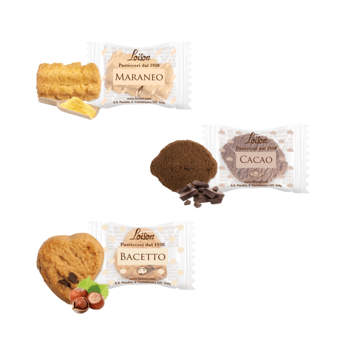 Loison Sušenky 3 druhy - BACETTO, CACAO, MARANEO v hebkém sáčku mix 120g-0