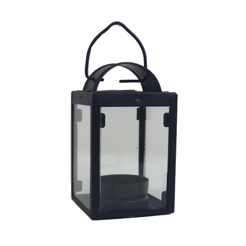 Lucerny a lampy - Lucerna hranatá na čajovou svíčku kovová se sklem černá 10,5cm