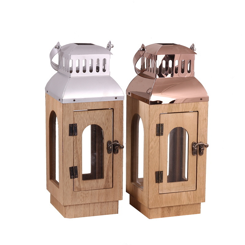 Lucerny a lampy - Lucerna hranatá z dřeva a kovu 34cm mix barev