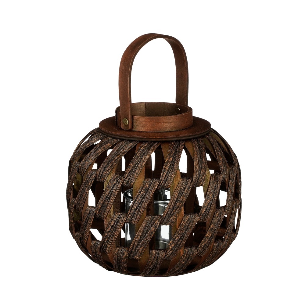 Lucerny a lampy - Lucerna/Svícen dřevěná kulatá HELIOS s 1 uchem a sklem tm.hnědá 24cm