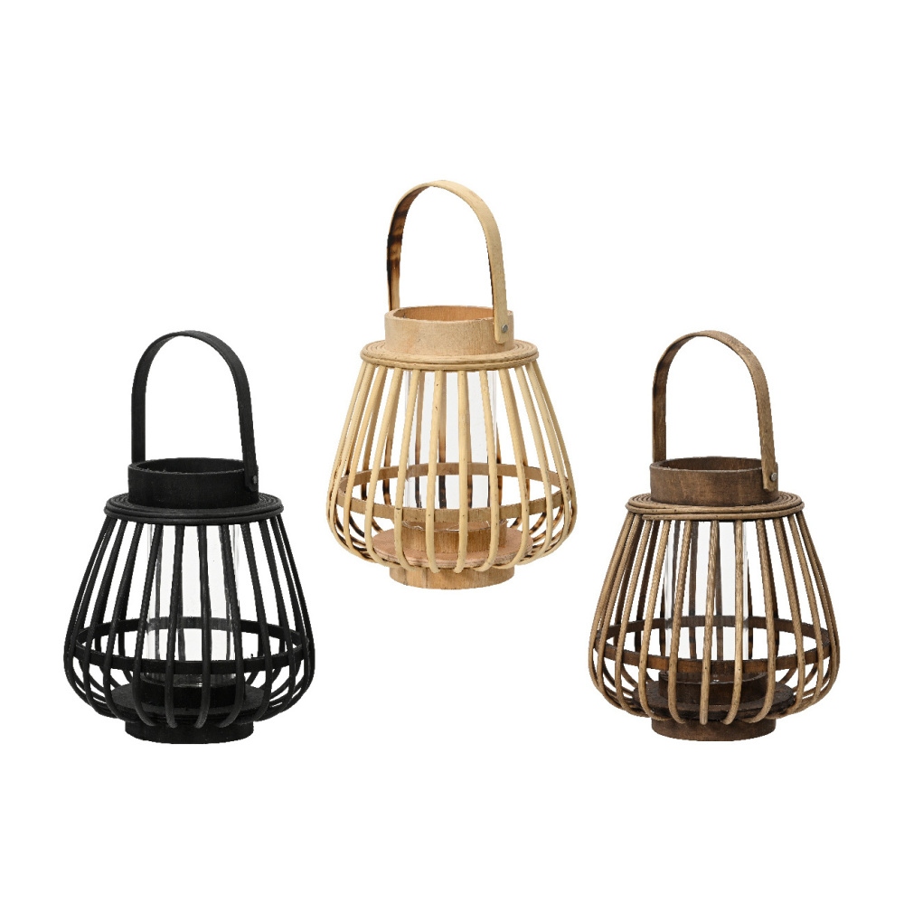 Lucerny a lampy - Lucerna/svícen kulatá bambusová s 1 uchem a sklem mix 19cm