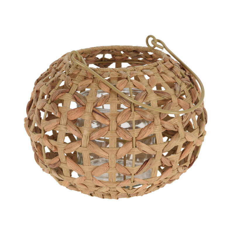 Lucerny a lampy - Lucerna/svícen kulatá s 1 uchem z proplétané trávy přírodní 15cm