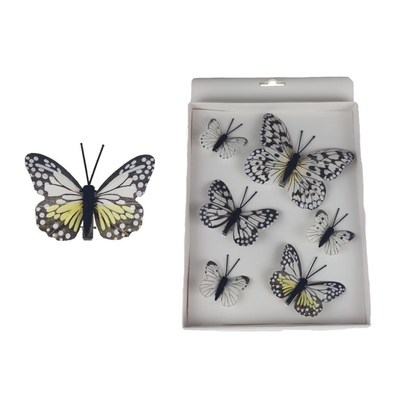 Přízdoby - Motýl látkový na klipu černo-bílý, mix velikostí 6ks