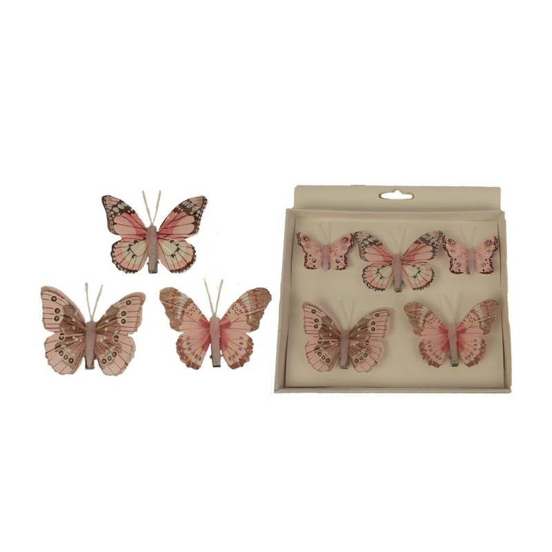 Přízdoby - Motýl látkový na klipu růžový, mix velikostí 5ks