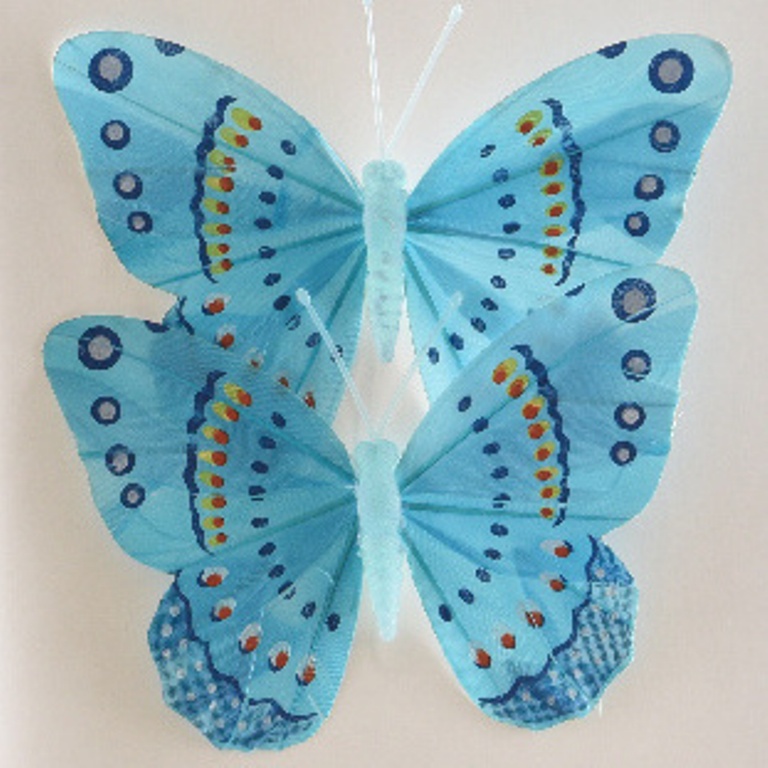 Zápichy - Motýl na drátku 2ks z peří 12 cm mix barev