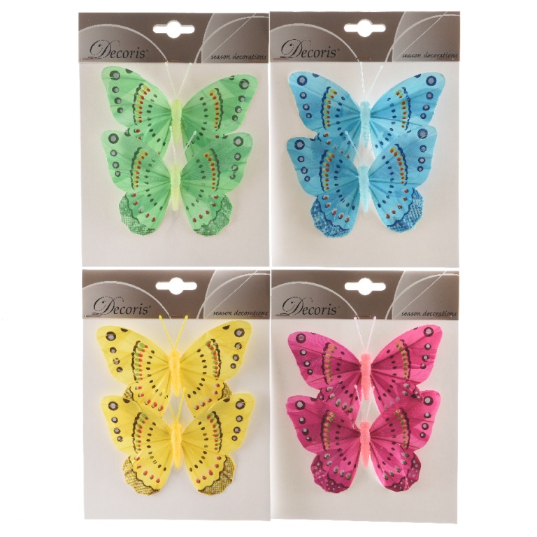 Motýl na drátku 2ks z peří 12 cm mix barev-1