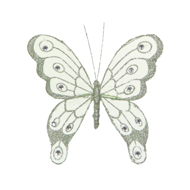 Přízdoby - Motýl na klipu organza s glitry 20cm zelená