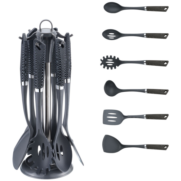 Vařečky, obracečky aj. - Náčiní kuchyňské 6ks + stojánek plast bílo-černá rukojeť