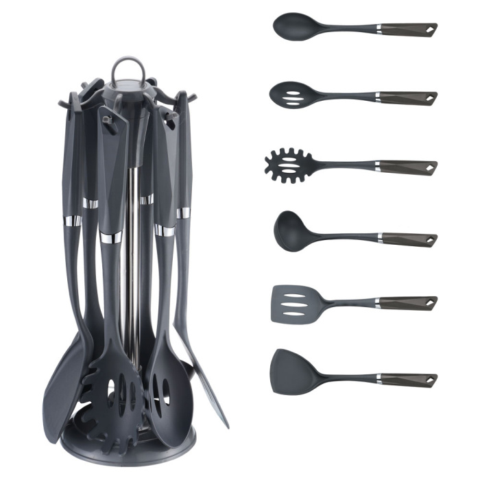 Vařečky, obracečky aj. - Náčiní kuchyňské 6ks + stojánek plast černá rukojeť