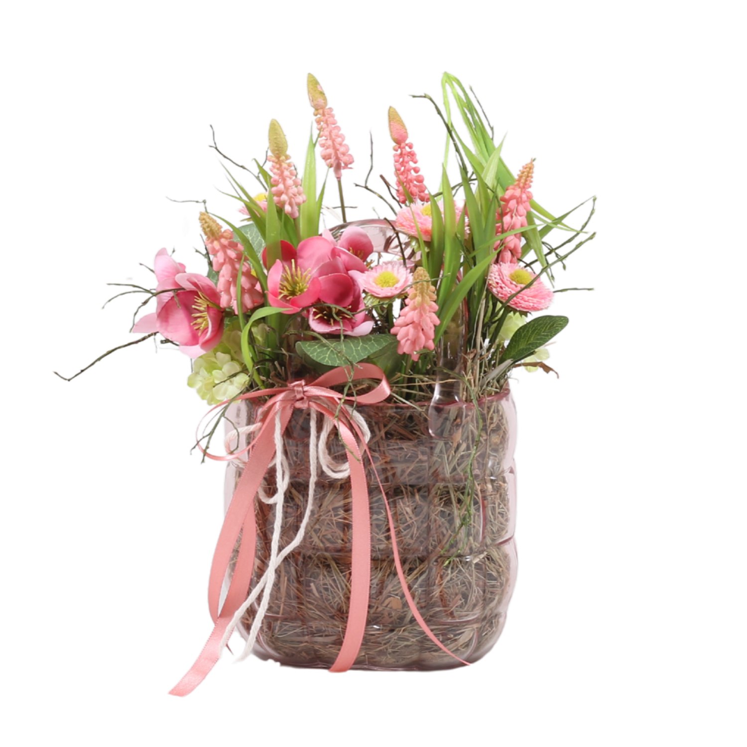 Od našich floristek - Něžný dotek jara aranžovaná skleněná taška 22cm